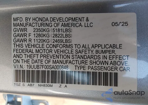 2025 Acura Tlx Type S z USA, uszkodzony, nr VIN 19UUB7F00SA000848
